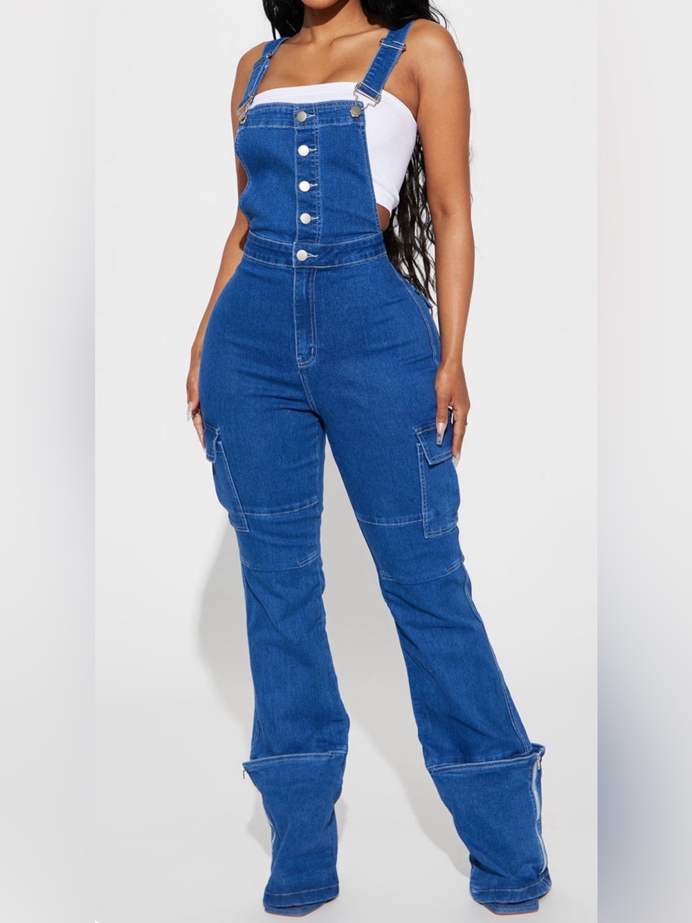 Fashion Nova High-Rise Dark Blue Denim Cargo Overalls- Women Brand New Size 15